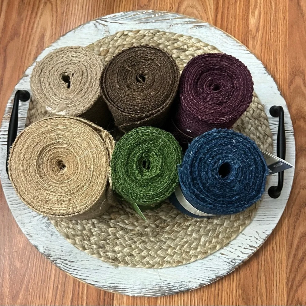 Burlap Ribbon Set - Green, Tan, Brown, Purple, Blue - 6 pieces